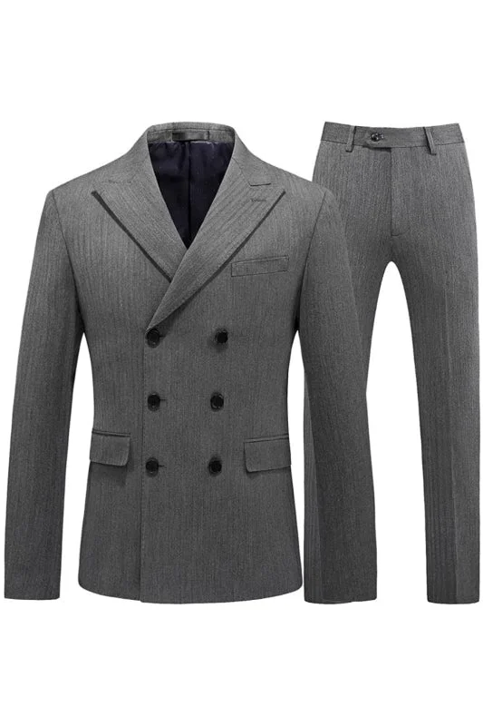 Gray Double Breasted Peaked Lapel Striped Prom Suits Two Pieces Slim Fit Business Suits