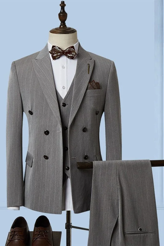 Gray Stylish Three Pieces Striped Business Suit with Peaked Lapel Slim Fit Wedding Suits