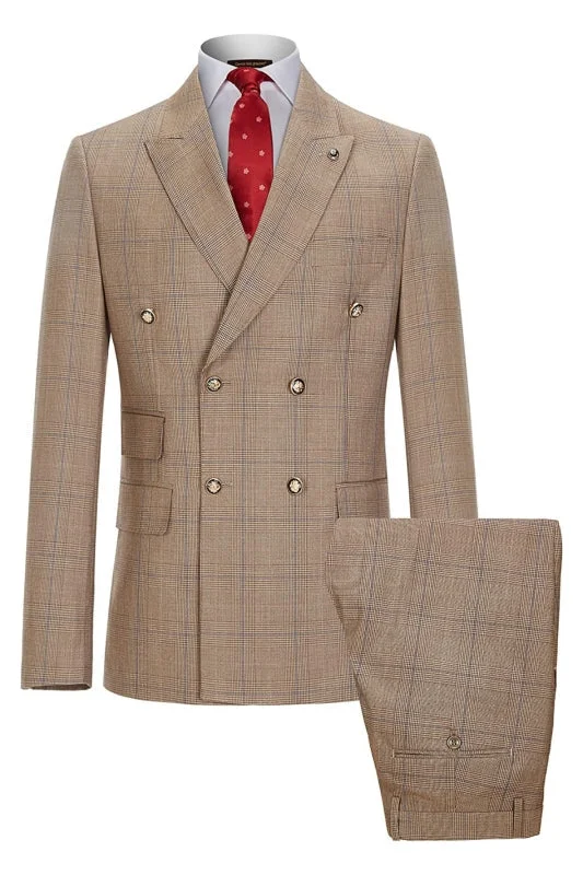 Khaki Double Breasted Plaid Business Suits Two Pieces Prom Suits