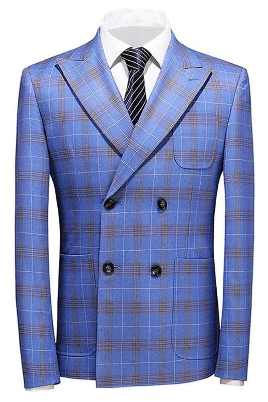 Modern Blue Double Breasted Plaid Business Suits Peaked Lapel Two Pieces Blazer Pants