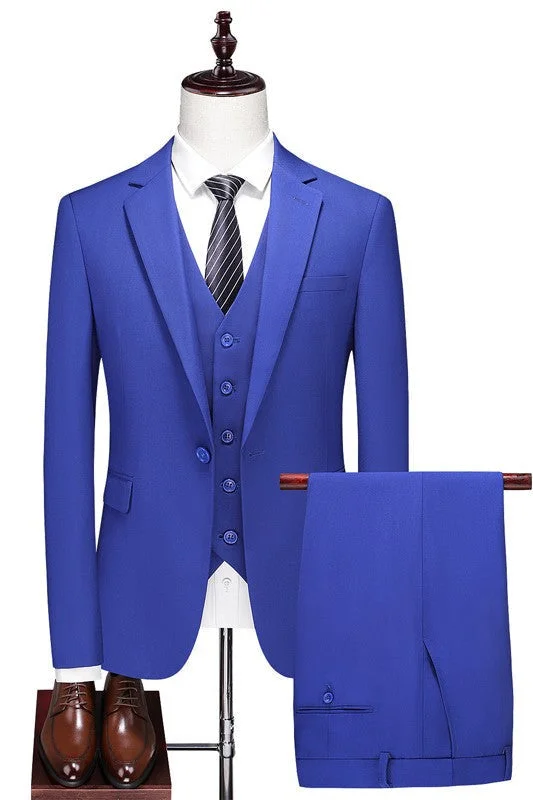 Morden Royal Blue Notched Lapel Three Pieces Business Suits Formal Wedding Groomsmen Suit