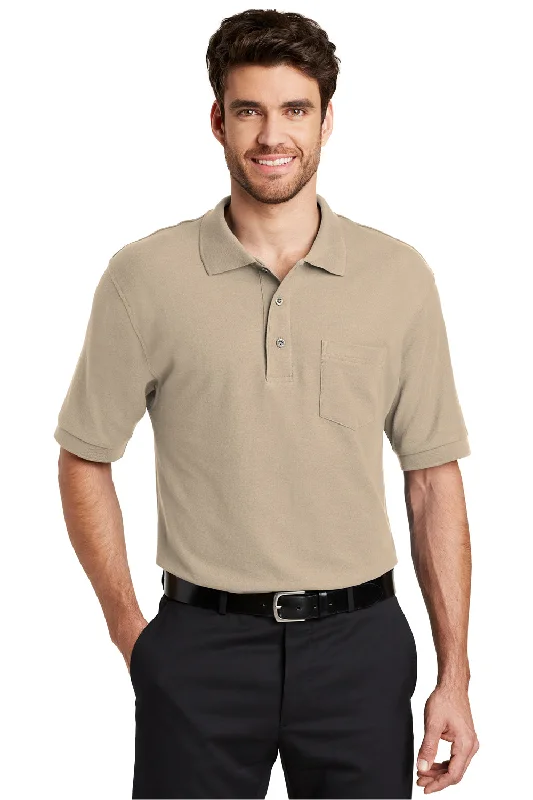 Port Authority Mens Silk Touch Wrinkle Resistant Short Sleeve Polo Shirt w/ Pocket - Stone