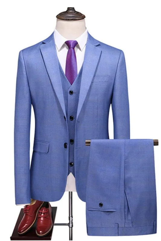 Sky Blue Notched Lapel Single Breasted Business Suits Formal Wedding Grooms Suits Men Tuxedos